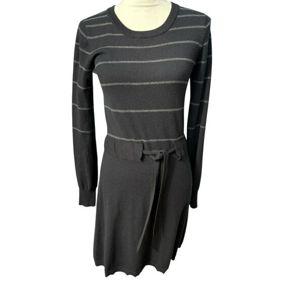 Theory Wool Blend Milly New Steady Stripe Tie Waist Fit n Flare Sweater Dress- M - Picture 2 of 8